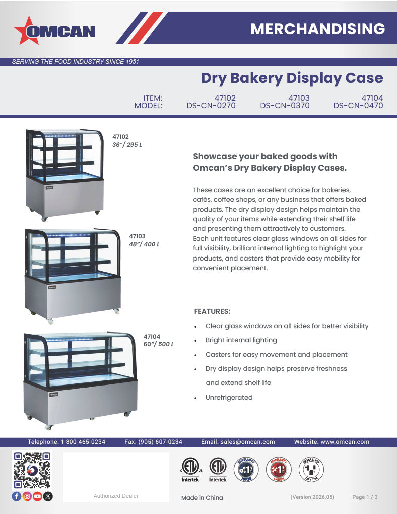 Omcan 36" Dry Bakery & Pastry Merchandiser Display Case with 2 Shelves with Curved Front Glass and Rear Sliding Doors With LED Lighting  – 10.4 Cu. Ft. (295L)