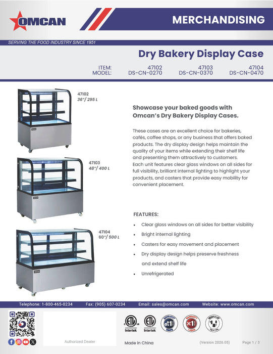 Omcan 60" Dry Bakery & Pastry Merchandiser Display Case with 2 Shelves with Curved Front Glass and Rear Sliding Doors With LED Lighting  – 18 Cu. Ft. (500L)