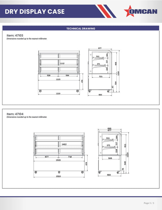 Omcan 36" Dry Bakery & Pastry Merchandiser Display Case with 2 Shelves with Curved Front Glass and Rear Sliding Doors With LED Lighting  – 10.4 Cu. Ft. (295L)