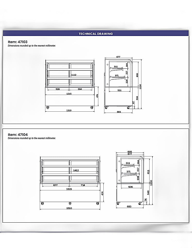 Omcan 60" Dry Bakery & Pastry Merchandiser Display Case with 2 Shelves with Curved Front Glass and Rear Sliding Doors With LED Lighting  – 18 Cu. Ft. (500L)