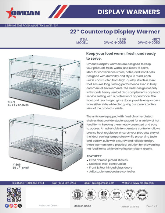 Omcan 22″ Countertop Display Warmer with Square Glass Front – 1.7 Cu. Ft. (50L) Two-Shelf Self-Service & Full-Service Heated Merchandiser Display Case