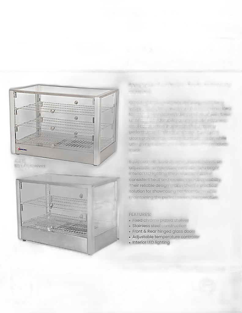 Omcan 28″ Countertop Display Warmer with Square Glass Front – 2.82 Cu. Ft. (80L) Two-Shelf Self-Service & Full-Service Heated Merchandiser Display Case