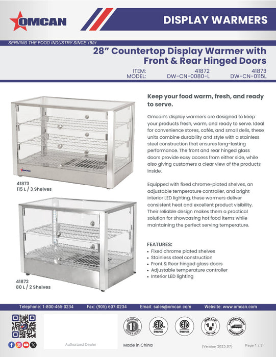 Omcan 28″ Countertop Display Warmer with Square Glass Front – 2.82 Cu. Ft. (80L) Two-Shelf Self-Service & Full-Service Heated Merchandiser Display Case