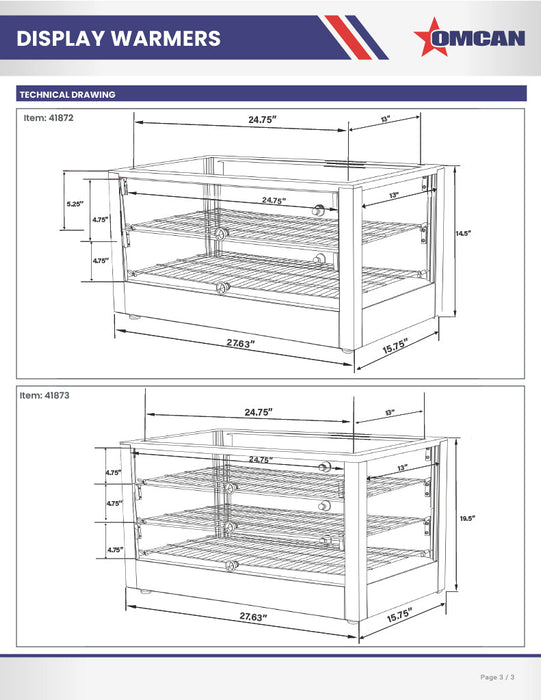 Omcan 28″ Countertop Display Warmer with Square Glass Front – 4 Cu. Ft. (115L), 3-Shelf, 3-Door Self/Full-Service Heated Merchandiser Display Case