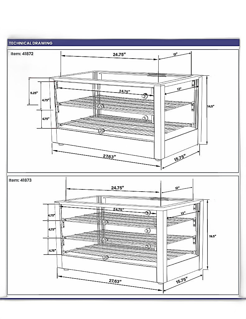 Omcan 28″ Countertop Display Warmer with Square Glass Front – 2.82 Cu. Ft. (80L) Two-Shelf Self-Service & Full-Service Heated Merchandiser Display Case