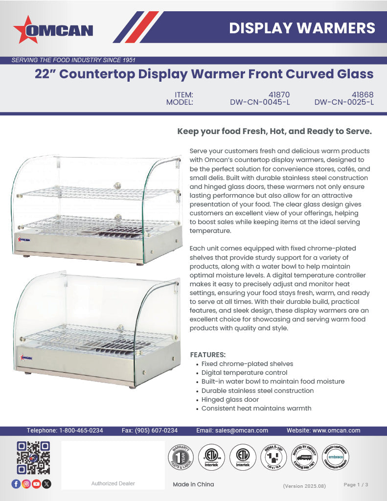 Omcan 22″ Countertop Display Warmer with Curved Glass Front – Single-Shelf Full-Service Heated Merchandiser Display Case with Rear Hinged Door