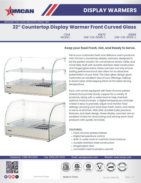 Omcan 22″ Countertop Display Warmer with Curved Glass Front – Single-Shelf Full-Service Heated Merchandiser Display Case with Rear Hinged Door