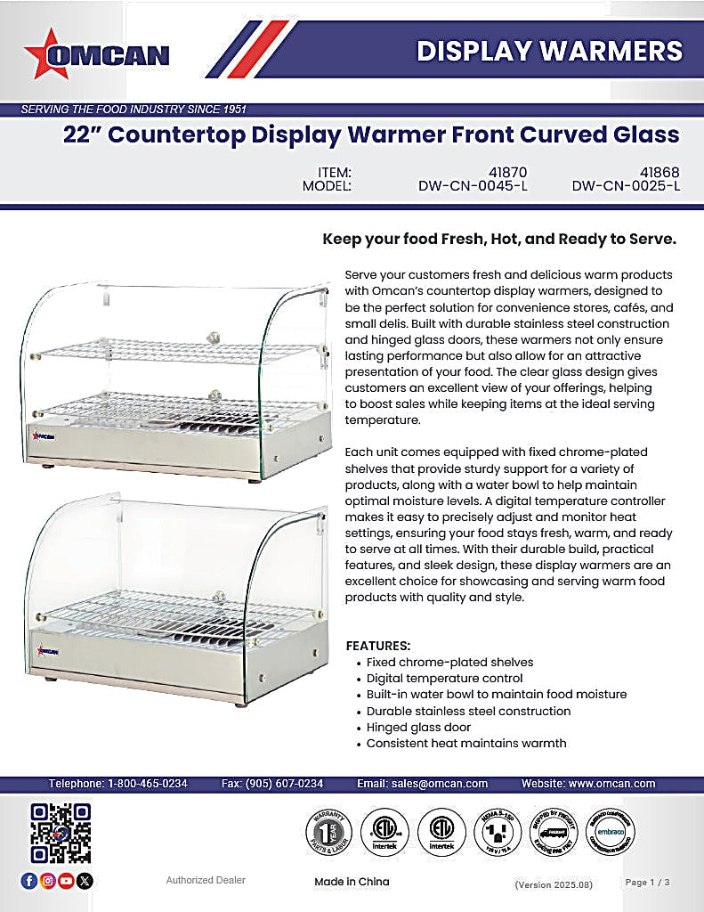 Omcan 22″ Countertop Display Warmer with Curved Glass Front – Single-Shelf Full-Service Heated Merchandiser Display Case with Rear Hinged Door