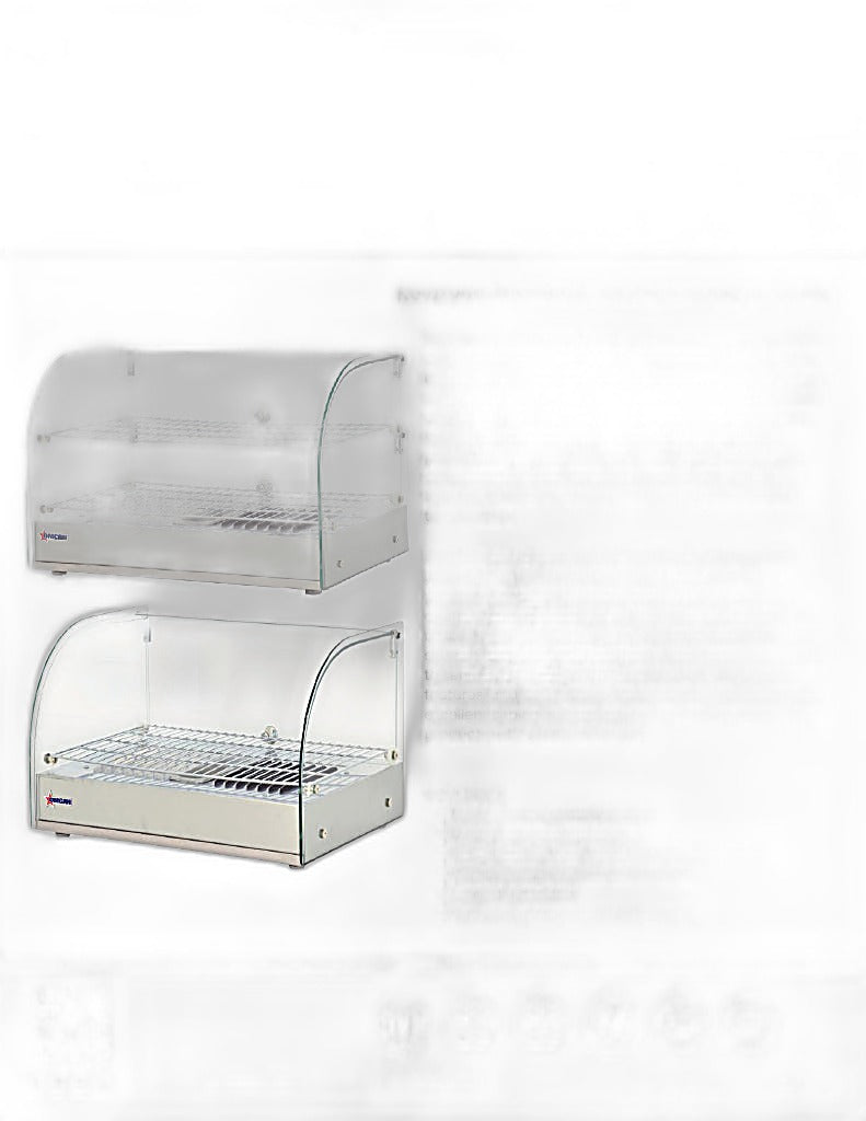 Omcan 22″ Countertop Display Warmer with Curved Glass Front – 1.59 Cu. Ft. (45L), 2-Shelf Full-Service Heated Merchandiser Display Case with Dual Rear Hinged Doors