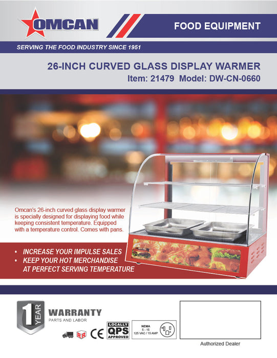 Omcan 26″ Countertop Display Warmer with Curved Glass Front – 2-Shelf Full-Service Heated Merchandiser Display Case, 1.2 kW