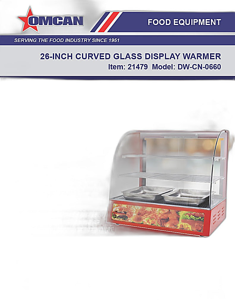 Omcan 26″ Countertop Display Warmer with Curved Glass Front – 2-Shelf Full-Service Heated Merchandiser Display Case, 1.2 kW