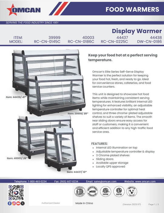 Omcan 13″ Countertop Display Warmer – 2.7 Cu. Ft. (76L), 3-Shelf Self-Service & Full-Service Heated Merchandiser Display Case with Sliding Doors
