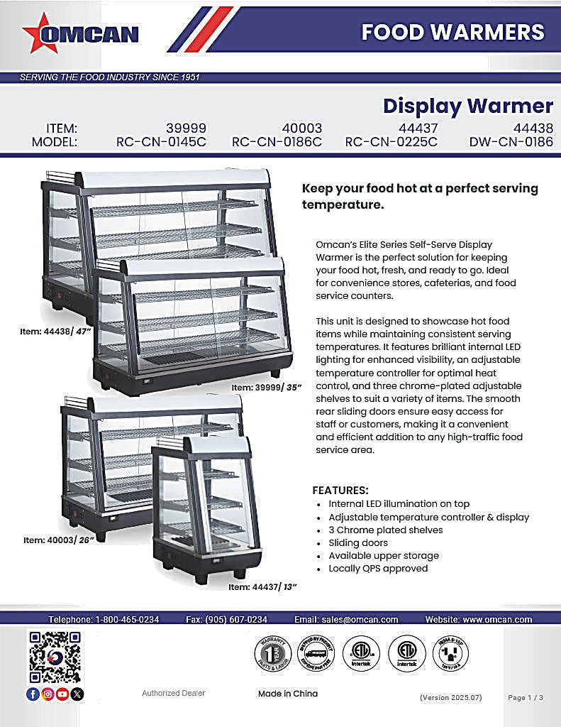 Omcan 35″ Countertop Display Warmer – 4.8 Cu. Ft. (136L), 3-Shelf Self-Service & Full-Service Heated Merchandiser Display Case with Sliding Doors