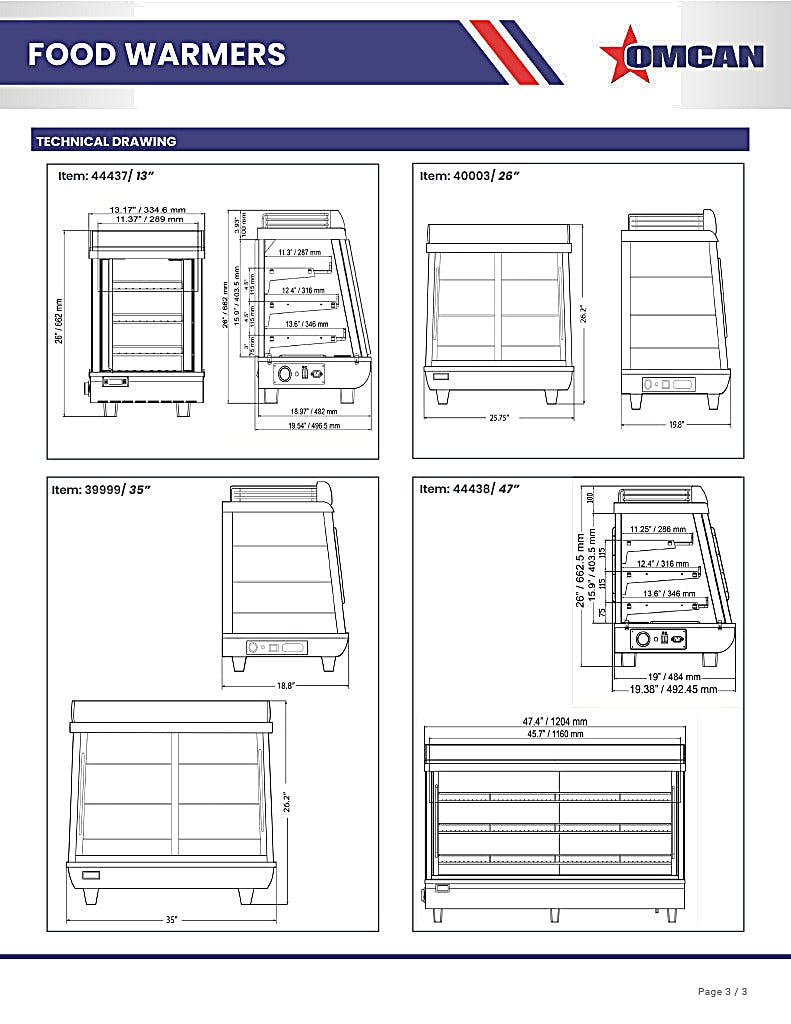 Omcan 35″ Countertop Display Warmer – 4.8 Cu. Ft. (136L), 3-Shelf Self-Service & Full-Service Heated Merchandiser Display Case with Sliding Doors