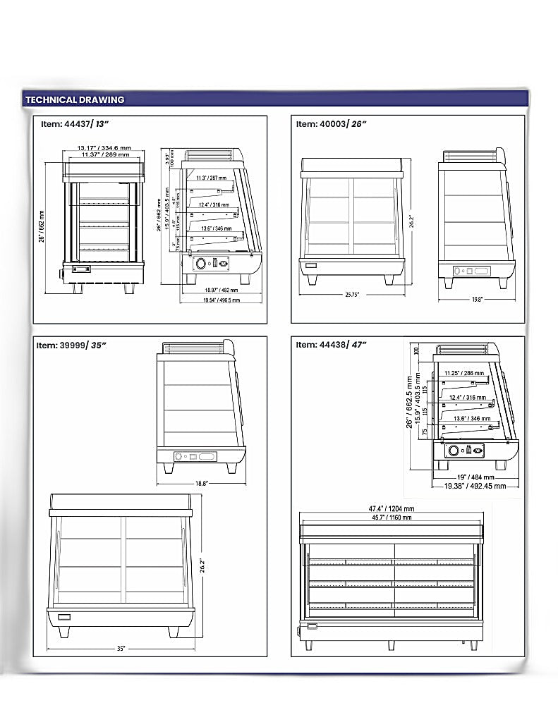 Omcan 13″ Countertop Display Warmer – 2.7 Cu. Ft. (76L), 3-Shelf Self-Service & Full-Service Heated Merchandiser Display Case with Sliding Doors