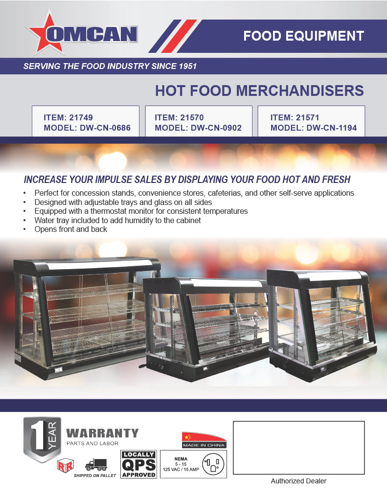 Omcan 27″ Countertop Display Warmer – 3-Shelf Heated Merchandiser Display Case with Sliding Doors, Self-Service & Full-Service Design, 1340W