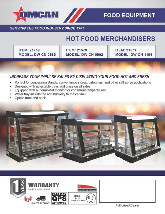 Omcan 36″ Countertop Display Warmer – 3-Shelf Heated Merchandiser Display Case with Sliding Doors, Self-Service & Full-Service Design, 1500W