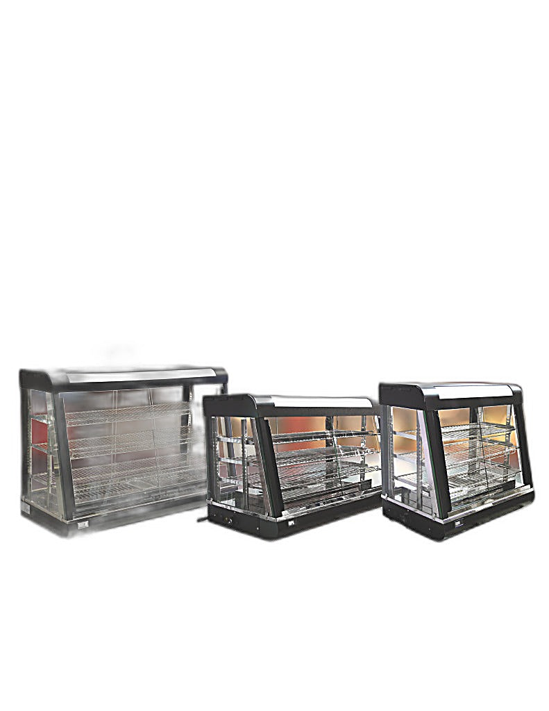 Omcan 36″ Countertop Display Warmer – 3-Shelf Heated Merchandiser Display Case with Sliding Doors, Self-Service & Full-Service Design, 1500W