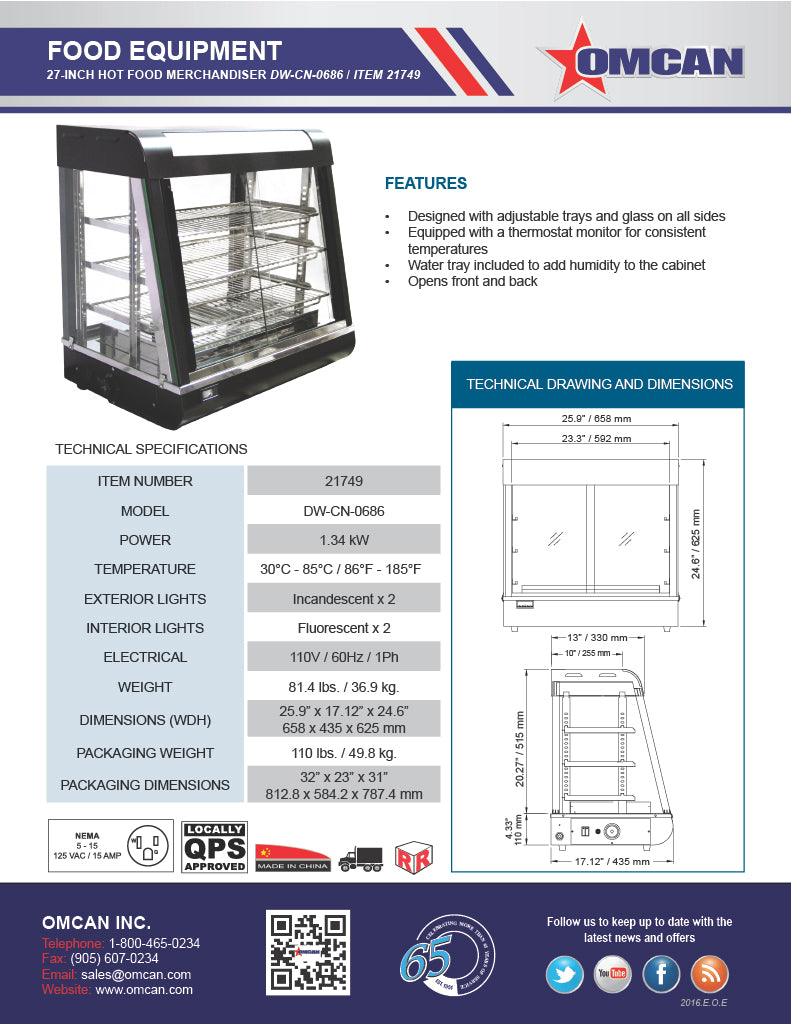Omcan 27″ Countertop Display Warmer – 3-Shelf Heated Merchandiser Display Case with Sliding Doors, Self-Service & Full-Service Design, 1340W