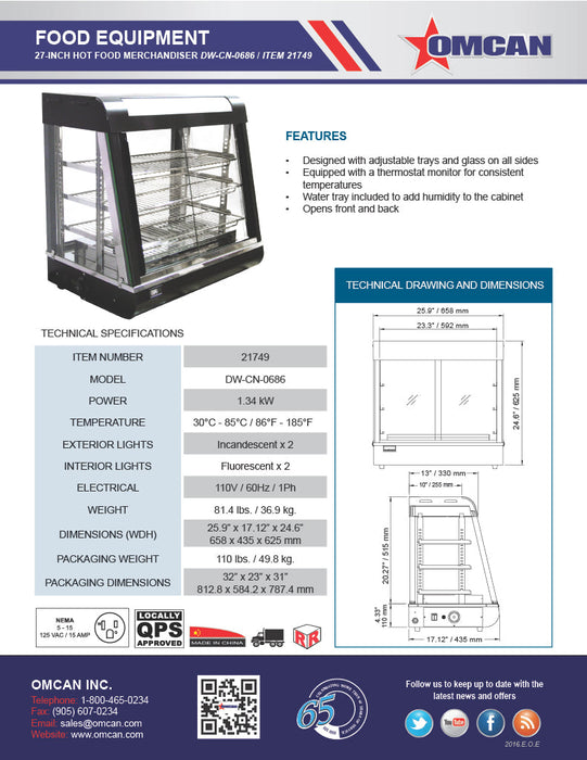 Omcan 27″ Countertop Display Warmer – 3-Shelf Heated Merchandiser Display Case with Sliding Doors, Self-Service & Full-Service Design, 1340W