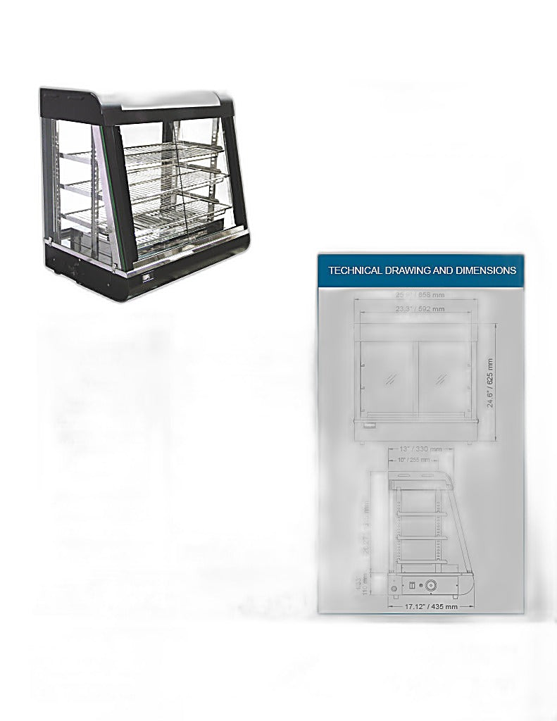 Omcan 27″ Countertop Display Warmer – 3-Shelf Heated Merchandiser Display Case with Sliding Doors, Self-Service & Full-Service Design, 1340W
