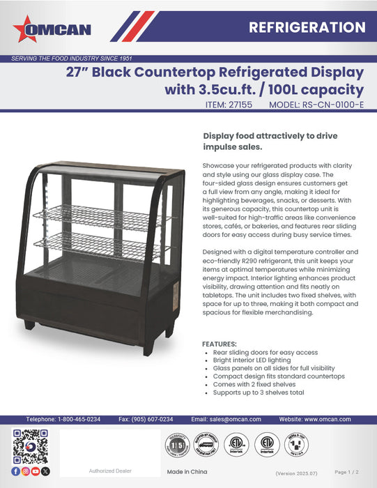 Omcan 27″ Countertop Refrigerated Display Case – 3.5 Cu. Ft. (100L), Two-Shelf Black Bakery & Merchandising Display Cooler
