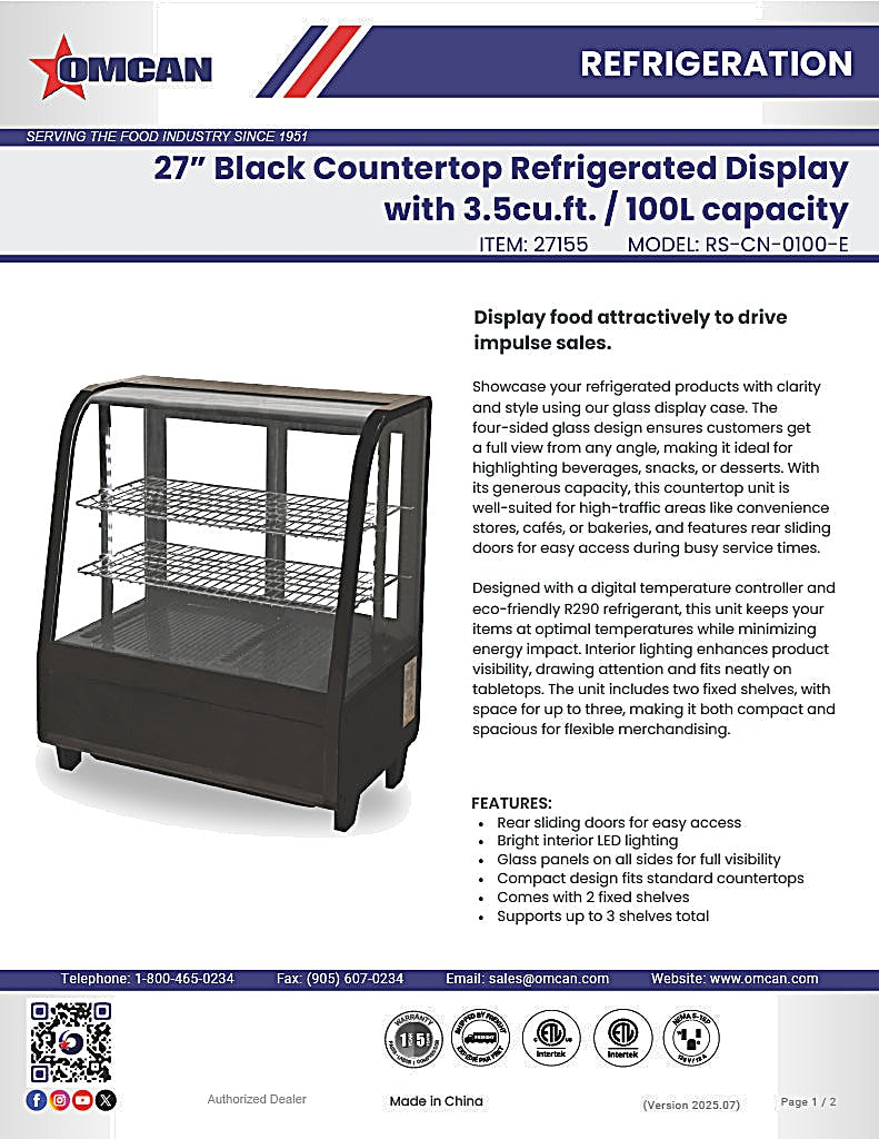 Omcan 27″ Countertop Refrigerated Display Case – 3.5 Cu. Ft. (100L), Two-Shelf Black Bakery & Merchandising Display Cooler