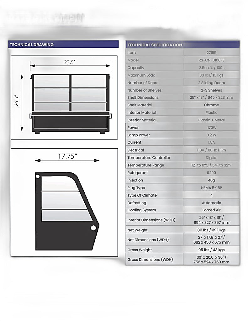 Omcan 27″ Countertop Refrigerated Display Case – 3.5 Cu. Ft. (100L), Two-Shelf Black Bakery & Merchandising Display Cooler