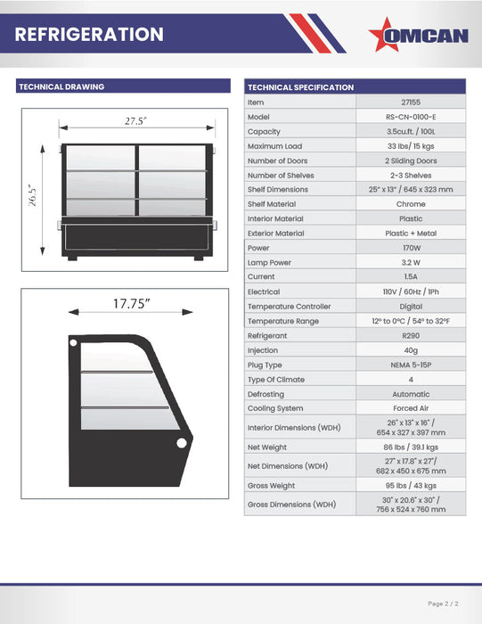 Omcan 27″ Countertop Refrigerated Display Case – 3.5 Cu. Ft. (100L), Two-Shelf Black Bakery & Merchandising Display Cooler