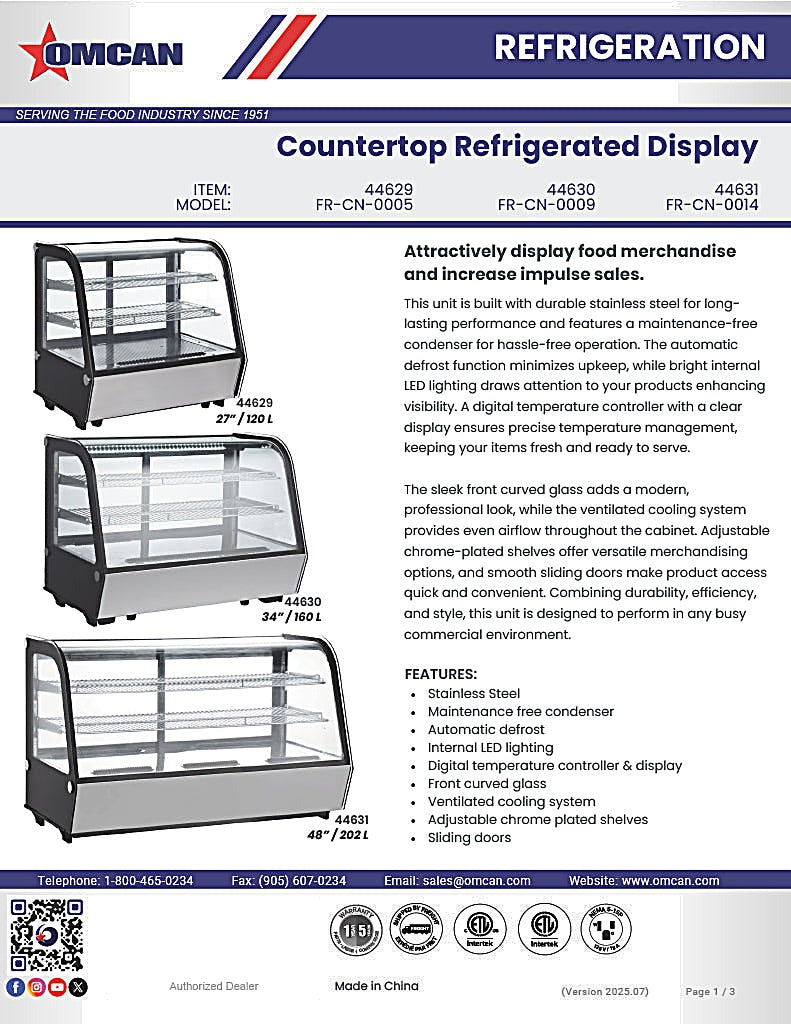 Omcan 27″ Countertop Refrigerated Display Case – 4.24 Cu. Ft. (120L), Two-Shelf Stainless Steel Bakery & Merchandising Display Cooler