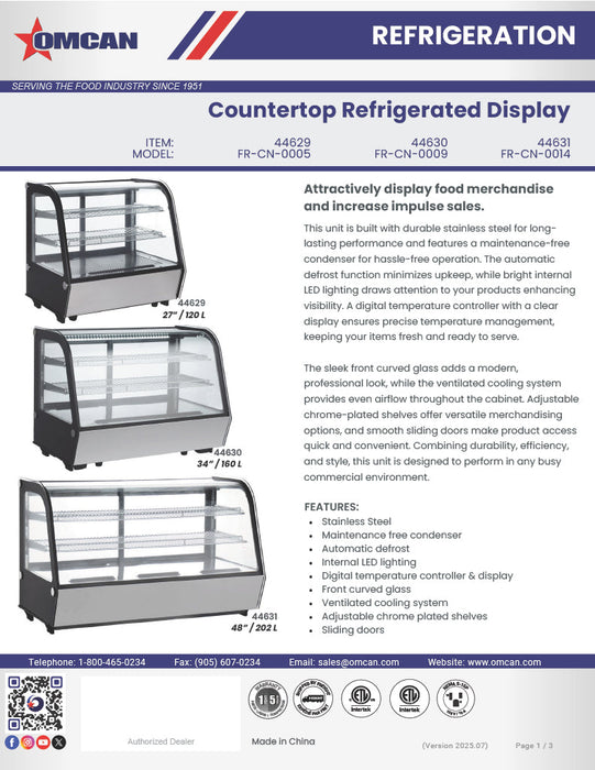 Omcan 27″ Countertop Refrigerated Display Case – 4.24 Cu. Ft. (120L), Two-Shelf Stainless Steel Bakery & Merchandising Display Cooler