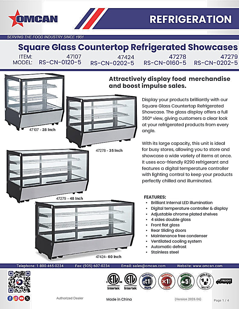 Omcan 60″ Square Glass Countertop Refrigerated Display Showcase – 8.89 Cu. Ft. (252L), Two-Shelf Stainless Steel Bakery & Merchandising Display Cooler