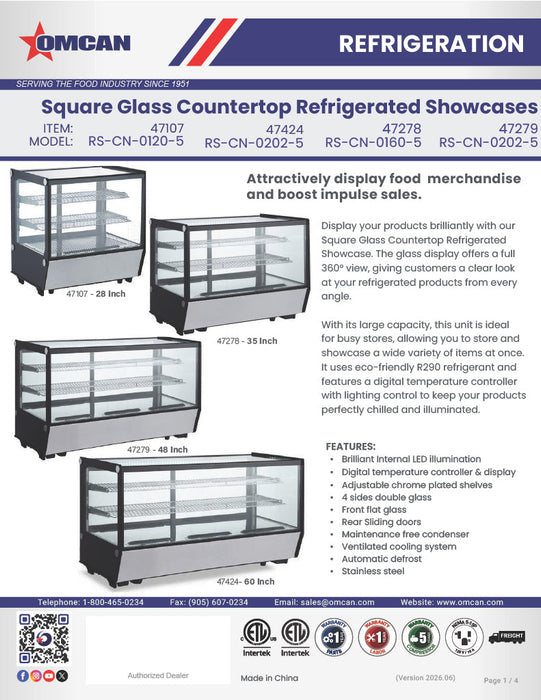 Omcan 60″ Square Glass Countertop Refrigerated Display Showcase – 8.89 Cu. Ft. (252L), Two-Shelf Stainless Steel Bakery & Merchandising Display Cooler