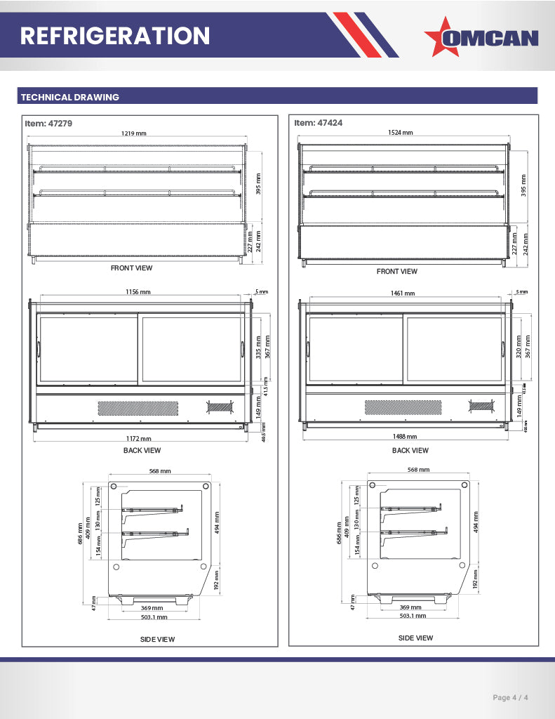 Omcan 60″ Square Glass Countertop Refrigerated Display Showcase – 8.89 Cu. Ft. (252L), Two-Shelf Stainless Steel Bakery & Merchandising Display Cooler