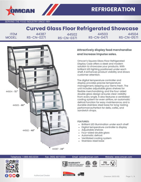 Omcan 36″ Curved Glass Floor Refrigerated Display Showcase – 10.95 Cu. Ft. (310L), Three-Shelf Stainless Steel Bakery & Merchandising Display Cooler
