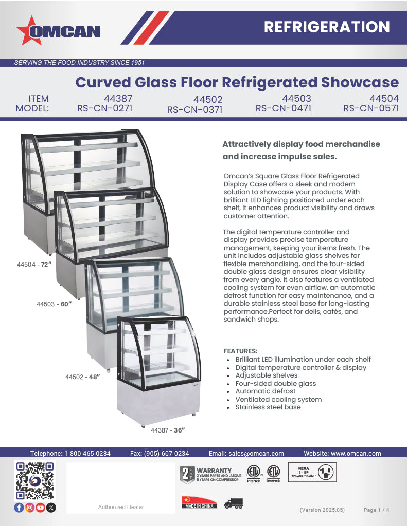 Omcan 48″ Curved Glass Floor Refrigerated Display Case – 14.83 Cu. Ft. (420L), Three-Shelf Stainless Steel Bakery & Merchandising Display Cooler