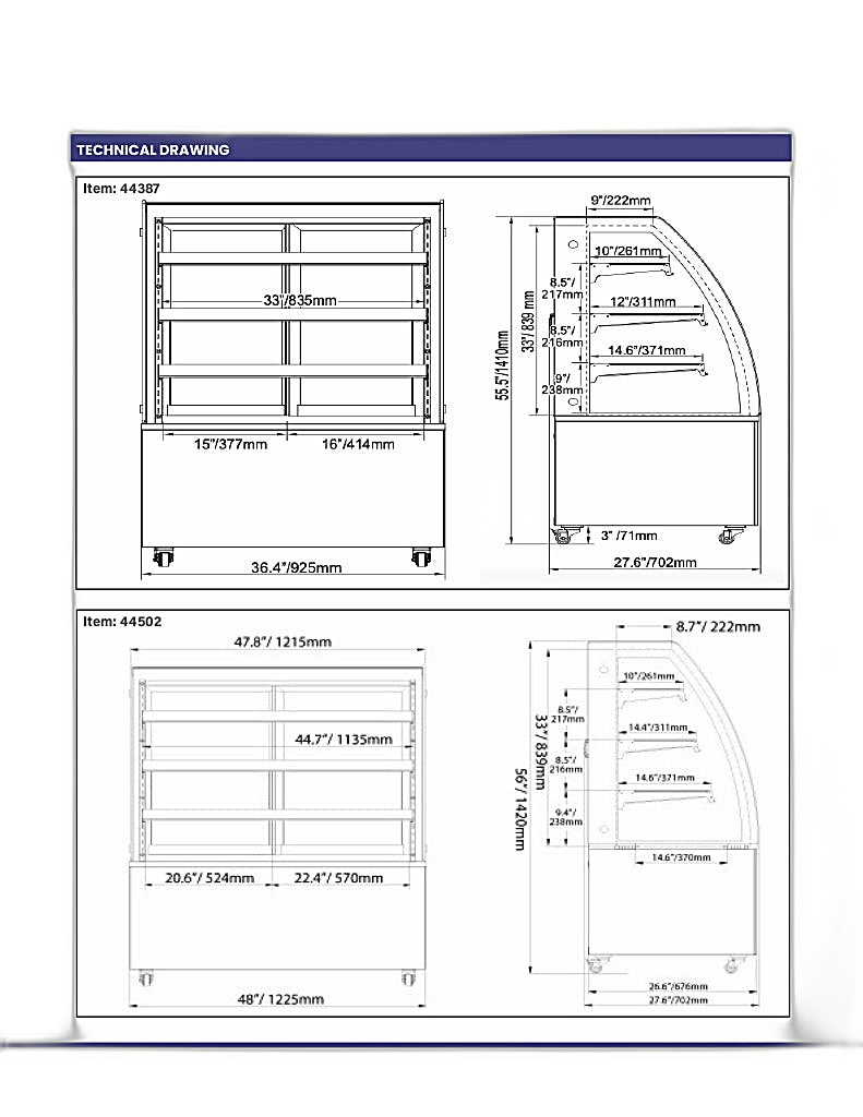 Omcan 72″ Curved Glass Floor Refrigerated Display Case – 22.95 Cu. Ft. (650L), Three-Shelf Stainless Steel Bakery & Merchandising Display Cooler