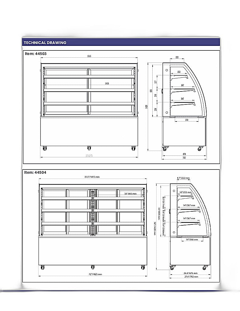 Omcan 60″ Curved Glass Floor Refrigerated Display Case – 18.89 Cu. Ft. (535L), Three-Shelf Stainless Steel Bakery & Merchandising Display Cooler