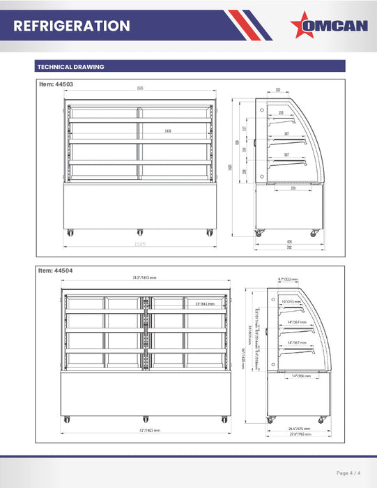 Omcan 36″ Curved Glass Floor Refrigerated Display Showcase – 10.95 Cu. Ft. (310L), Three-Shelf Stainless Steel Bakery & Merchandising Display Cooler