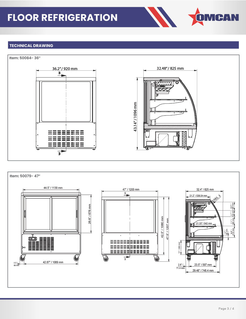 Omcan 47″ Floor Refrigerated Display Case – 18 Cu. Ft. (508L), Two-Shelf Stainless Steel Bakery & Merchandising Display Cooler