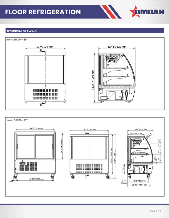 Omcan 47″ Floor Refrigerated Display Case – 18 Cu. Ft. (508L), Two-Shelf Stainless Steel Bakery & Merchandising Display Cooler