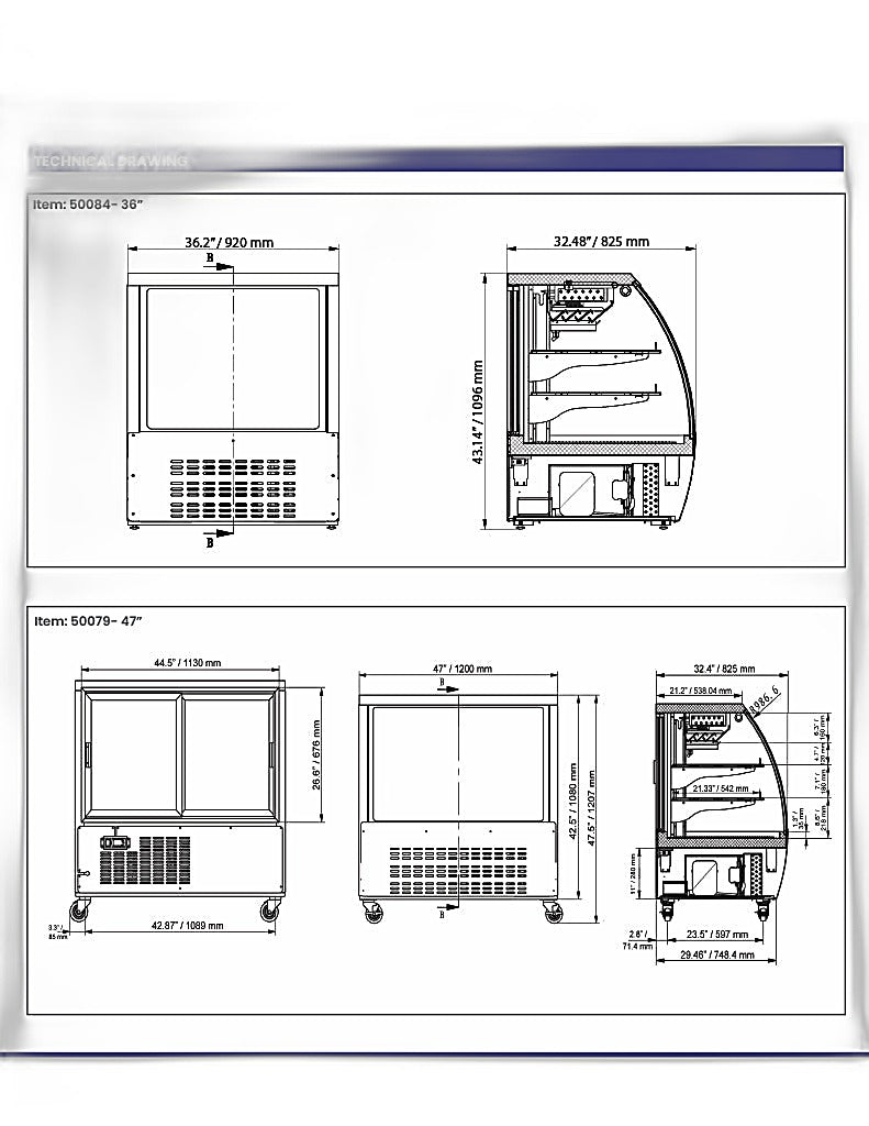 Omcan 47″ Floor Refrigerated Display Case – 18 Cu. Ft. (508L), Two-Shelf Stainless Steel Bakery & Merchandising Display Cooler