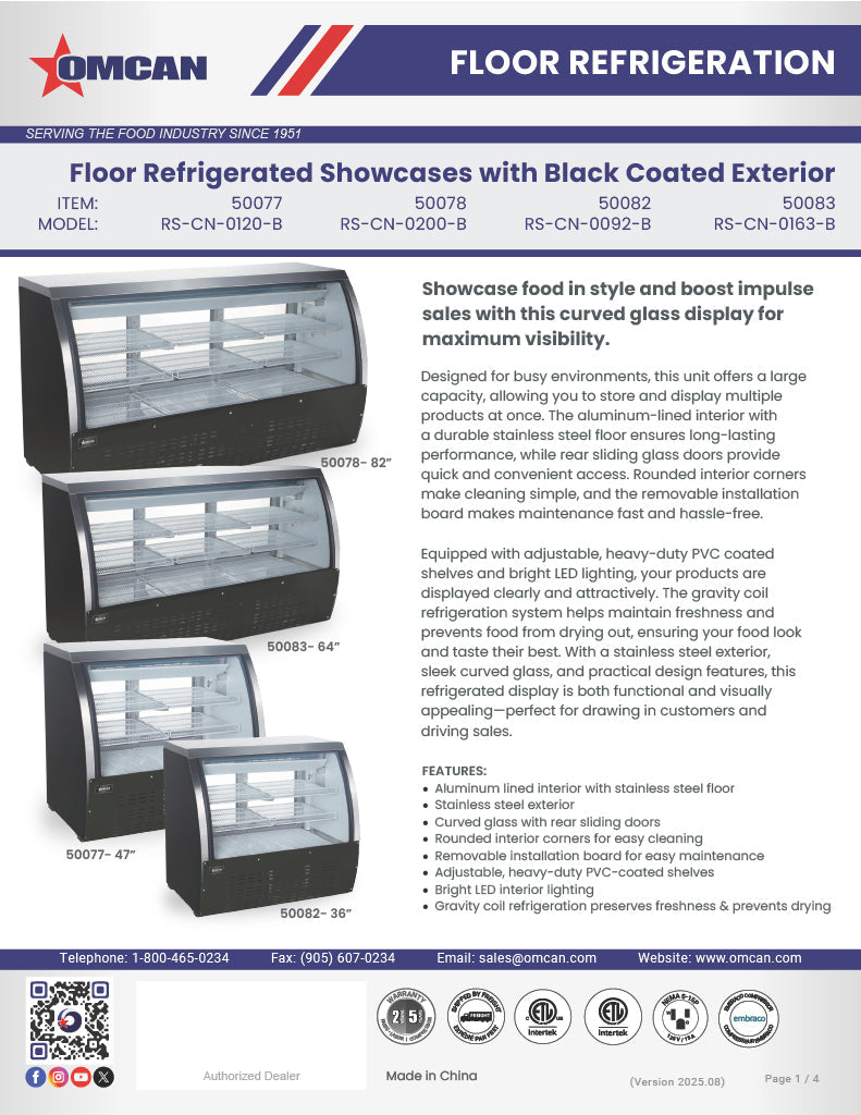 Omcan 36″ Floor Refrigerated Display Case – 11.6 Cu. Ft. (328L), Two-Shelf Black Bakery & Merchandising Display Cooler