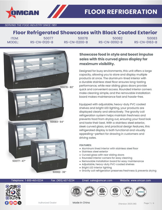 Omcan 36″ Floor Refrigerated Display Case – 11.6 Cu. Ft. (328L), Two-Shelf Black Bakery & Merchandising Display Cooler