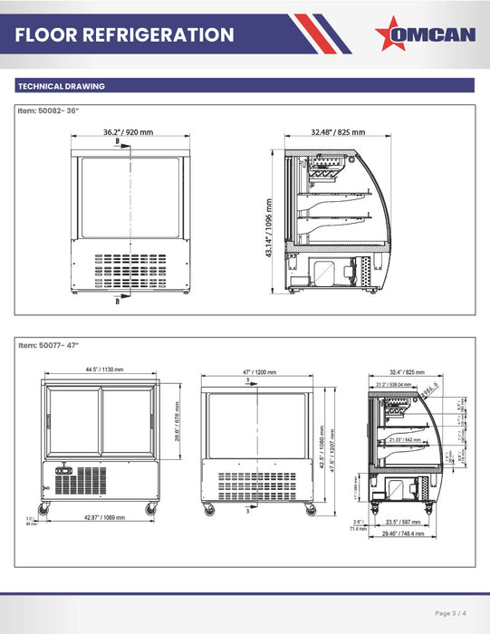 Omcan 36″ Floor Refrigerated Display Case – 11.6 Cu. Ft. (328L), Two-Shelf Black Bakery & Merchandising Display Cooler