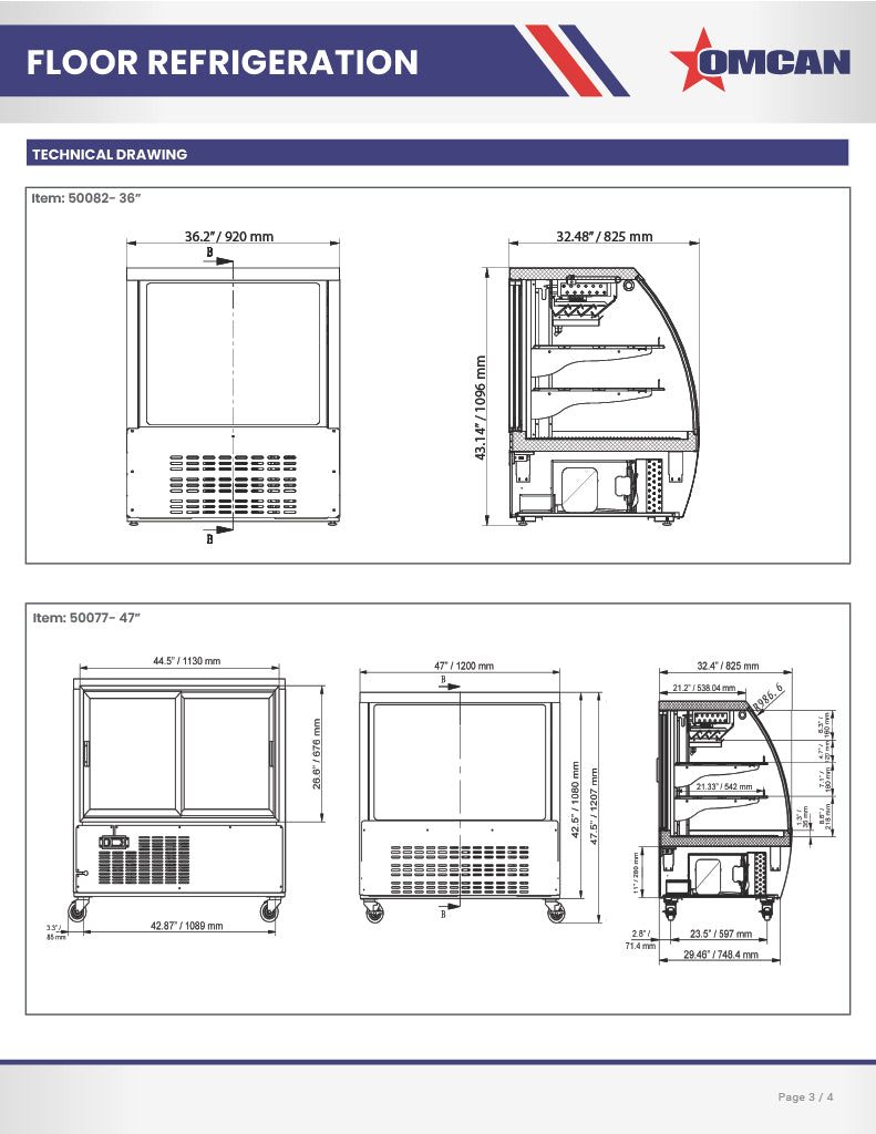 Omcan 64″ Floor Refrigerated Display Case – 22 Cu. Ft. (620L), Two-Shelf Black Bakery & Merchandising Display Cooler