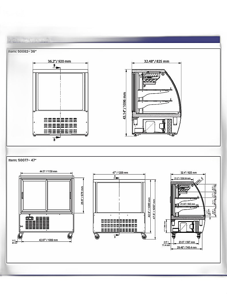 Omcan 82″ Floor Refrigerated Display Case – 32 Cu. Ft. (903L), Two-Shelf Black Bakery & Merchandising Display Cooler