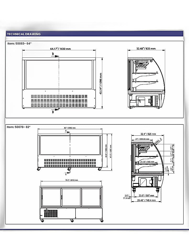Omcan 64″ Floor Refrigerated Display Case – 22 Cu. Ft. (620L), Two-Shelf Black Bakery & Merchandising Display Cooler