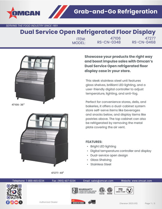 Omcan 48″ Open Refrigerated Floor Display Case – 16.53 Cu. Ft. (468L), One-Shelf Black Dual-Service Merchandising Display Cooler