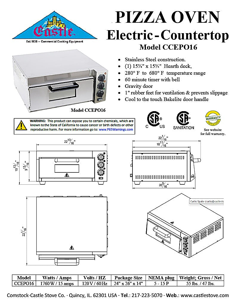 Comstock-Castle CCEPO16 23" Countertop Electric Deck/Pizza Oven, Single Deck, Stainless Steel, 120v - Bakery Wholesalers